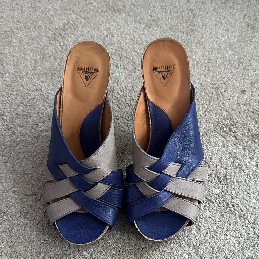 John Fluevog Blue and Gray Mules